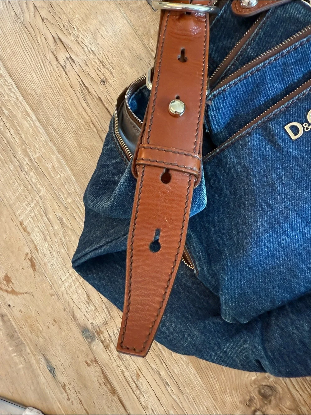 D&G Denim Mindy Hobo Bag with Brown Leather Strap - Blue